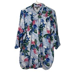 Jessica London18W Women Multi Color Tropical Print Button Linen Shirt Size 22W